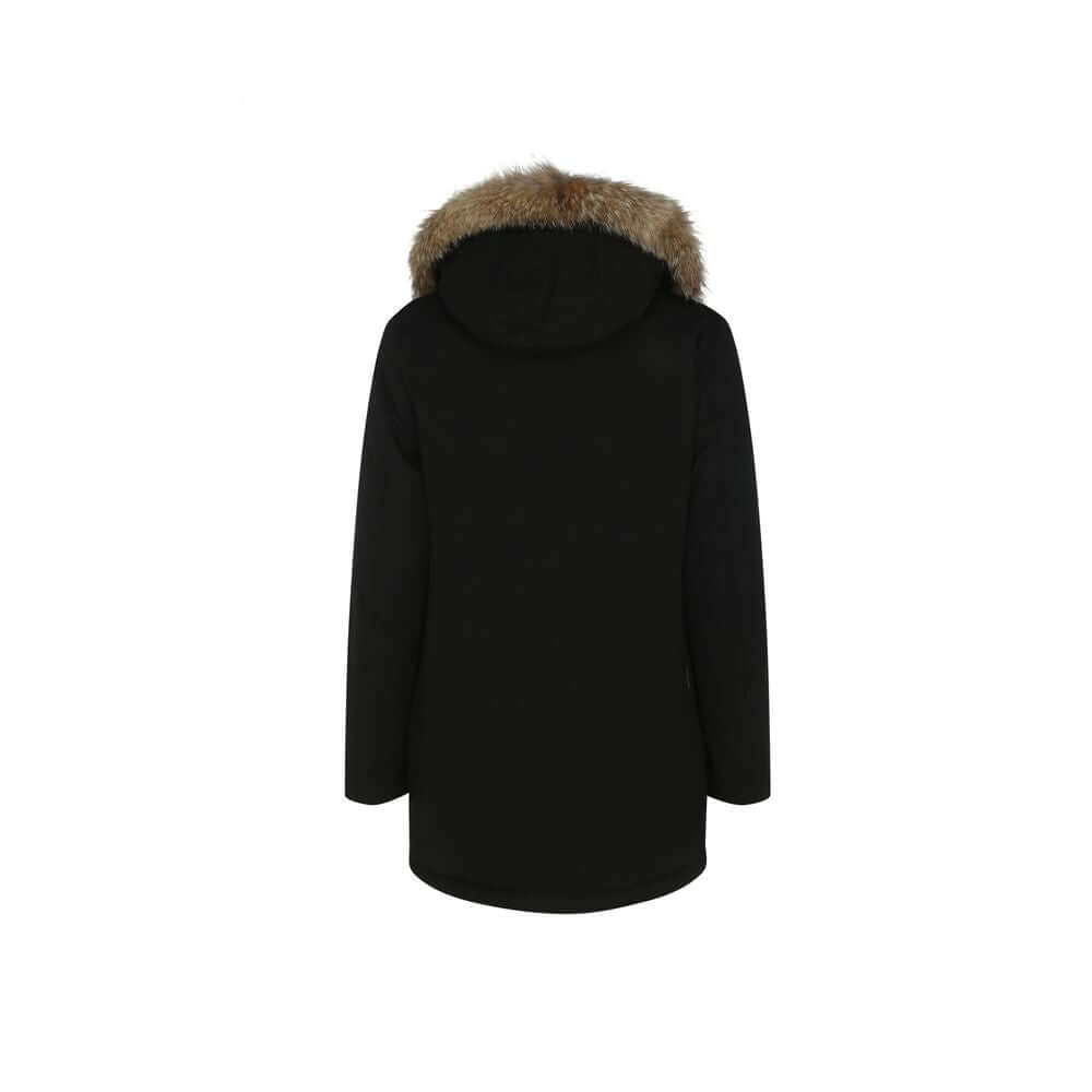 Woolrich Black Cotton Parka with removable fur hood, back view showcasing winter-ready design for AW25.