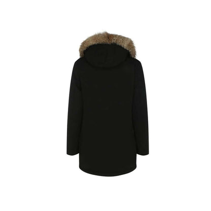 Woolrich Black Cotton Parka with removable fur hood, back view showcasing winter-ready design for AW25.