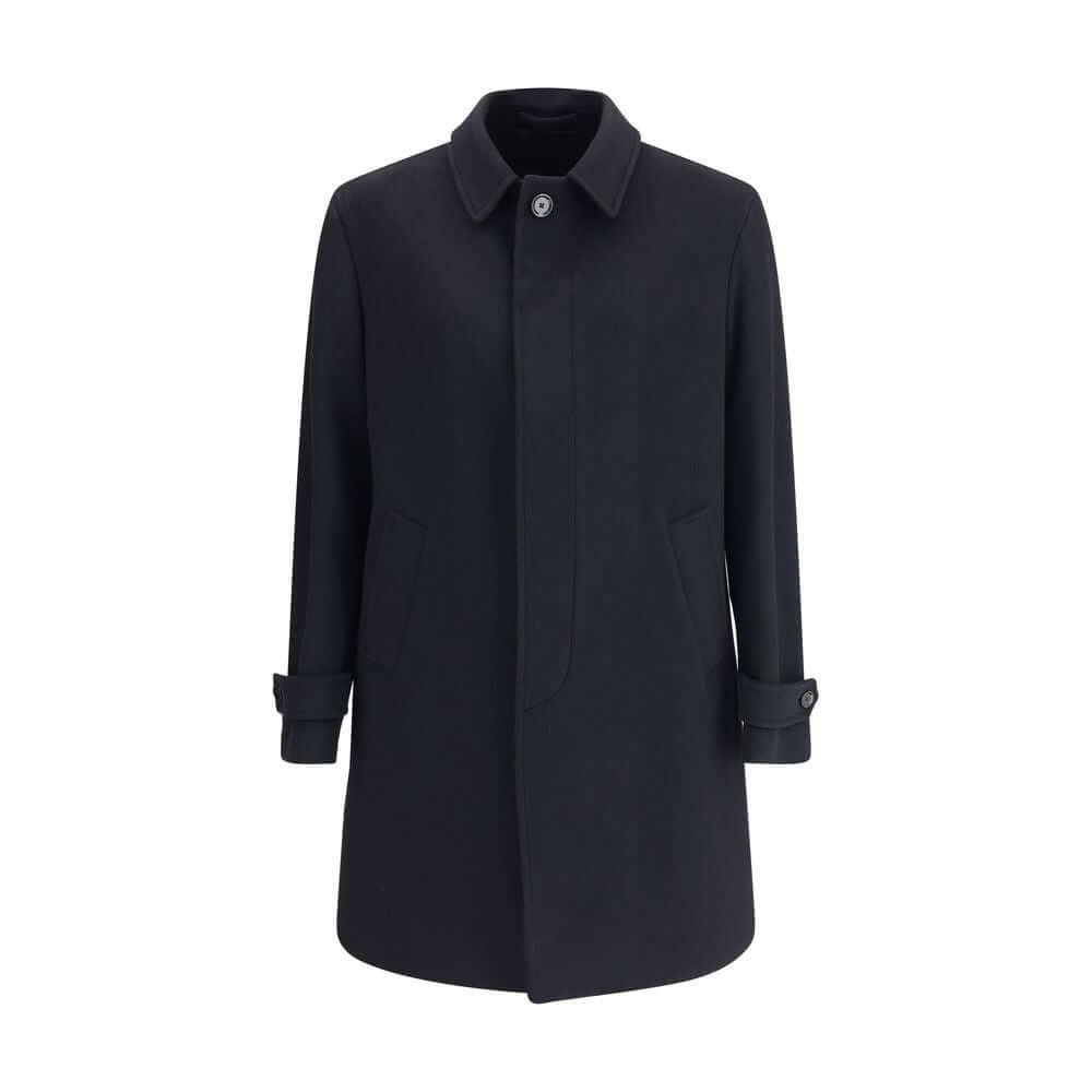 Lardini Black Fleece Wool Trench Coat - Single-breasted design, 100% virgin wool, button closure, side pockets, tailored elegance.