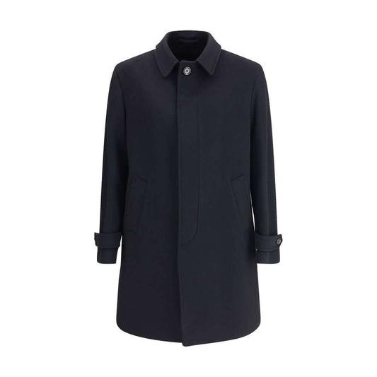 Lardini Black Fleece Wool Trench Coat with button closure and side pockets, made in Italy from pure virgin wool.