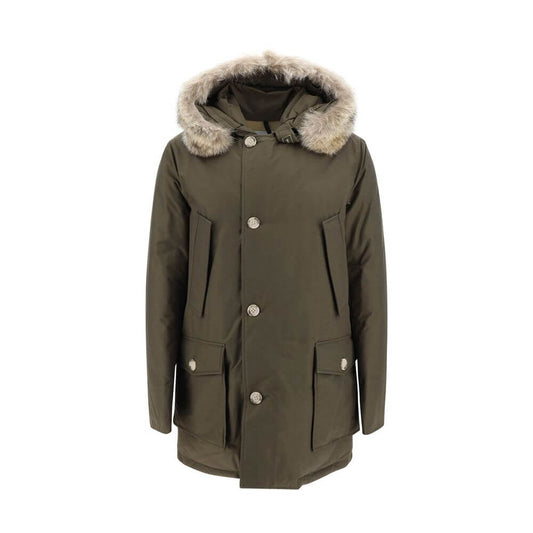 Woolrich Green Cotton Parka with fur-trimmed hood, front zip and button closure, two side patch and front welt pockets, AW25.