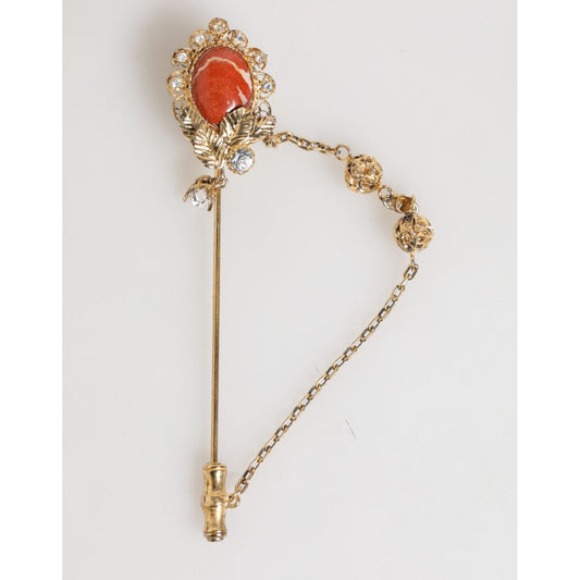 Dolce & Gabbana Gold Brass Crystal Chain 925 Sterling Silver Pin Brooch