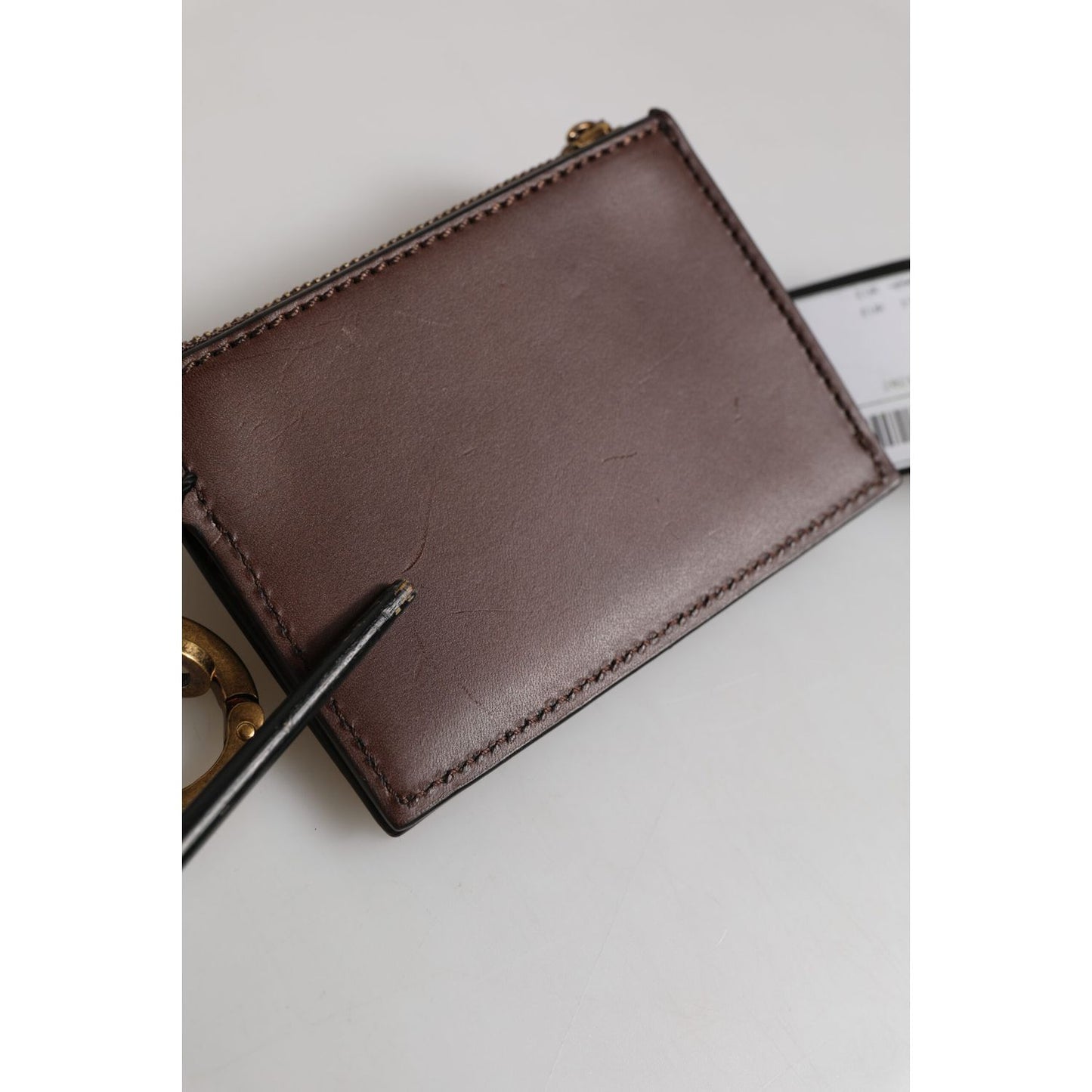 Dolce & Gabbana Brown Calf Leather Zip Logo Keyring Coin Purse Men Wallet