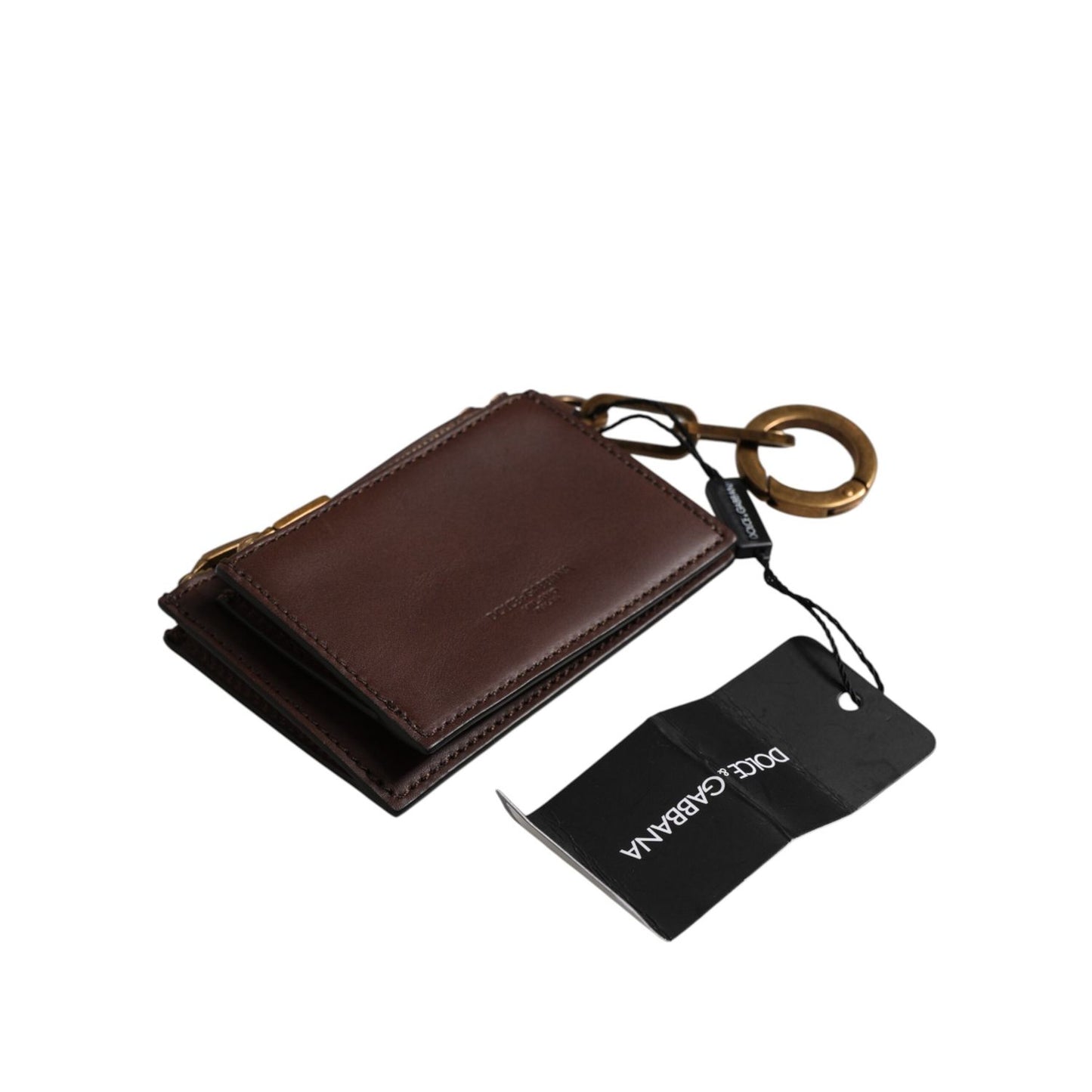 Dolce & Gabbana Brown Calf Leather Zip Logo Keyring Coin Purse Men Wallet