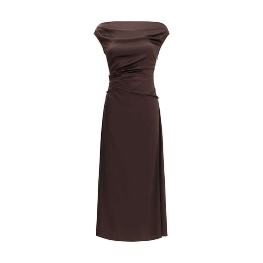 Staud Brown Silk Cocktail Dress with draped neckline and slim fit, perfect for special occasions, made of 93% silk and 7% spandex.
