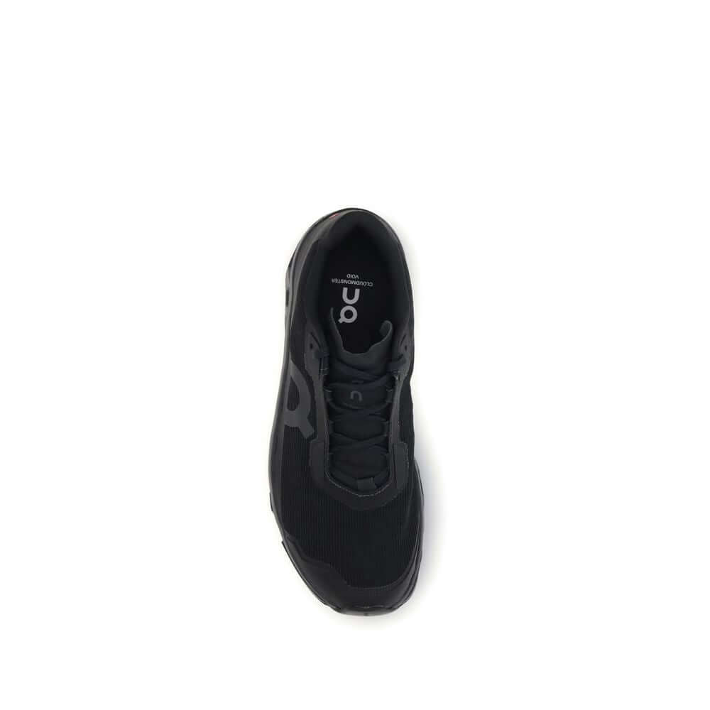 ON Black Recycled Polyester Athletic Sneakers, top view showcasing design and technical mesh upper with cushioning.
