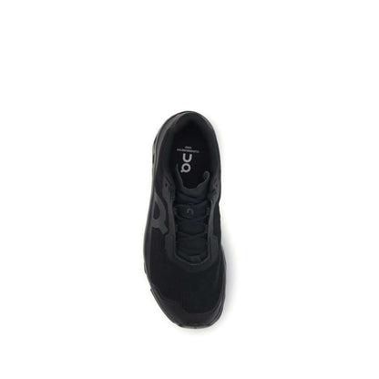 ON Black Recycled Polyester Athletic Sneakers, top view showcasing design and technical mesh upper with cushioning.
