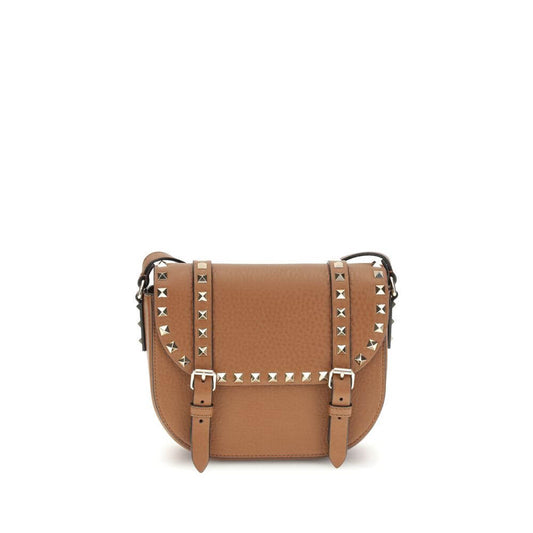 Valentino Garavani Beige Calf Leather Bos Taurus Shoulder Bag with studs and buckles, adjustable strap, for a stylish look.