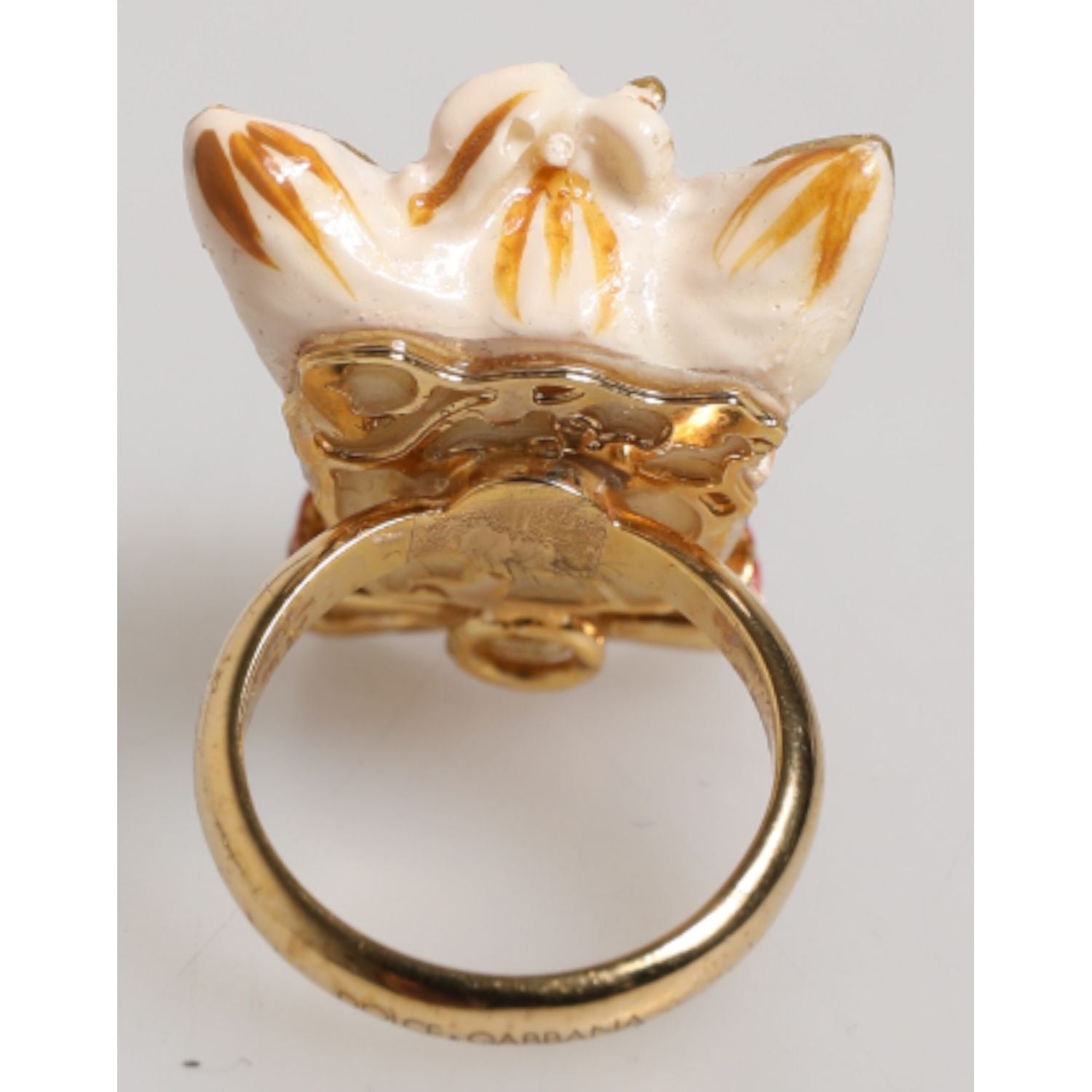 Dolce & Gabbana Gold Brass Resin Beige Dog Pet Accessory Ring