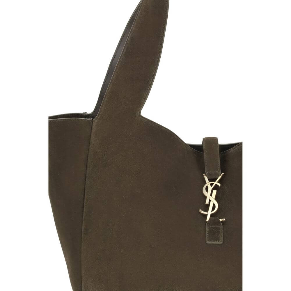 Saint Laurent Green Calf Leather Bos Taurus Shoulder Bag with Cassandre logo and suede texture.