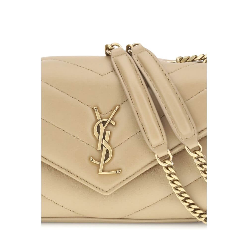 Saint Laurent Beige Lamb Ovis Aries Aries Shoulder Bag with quilted design and brass YSL logo, chic for AW25 season.