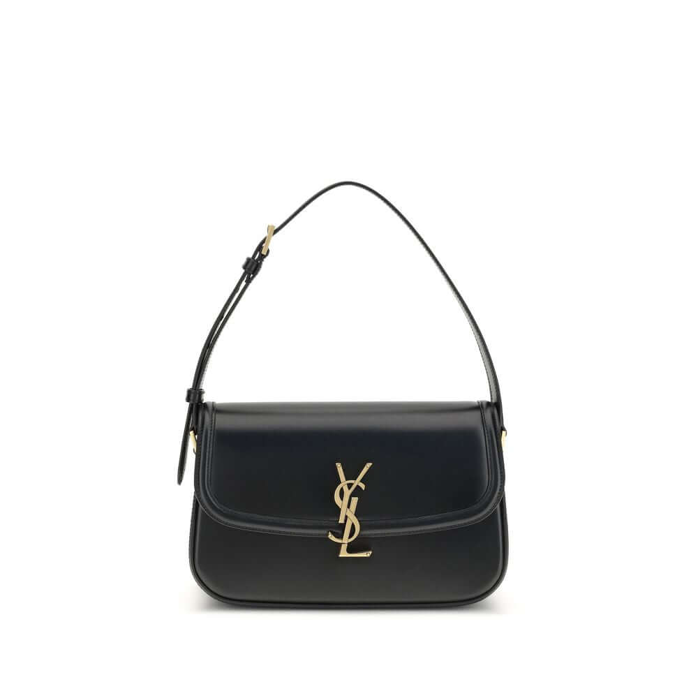 Saint Laurent Black Calf Leather Bos Taurus Shoulder Bag with bronze Cassandre logo and adjustable strap
