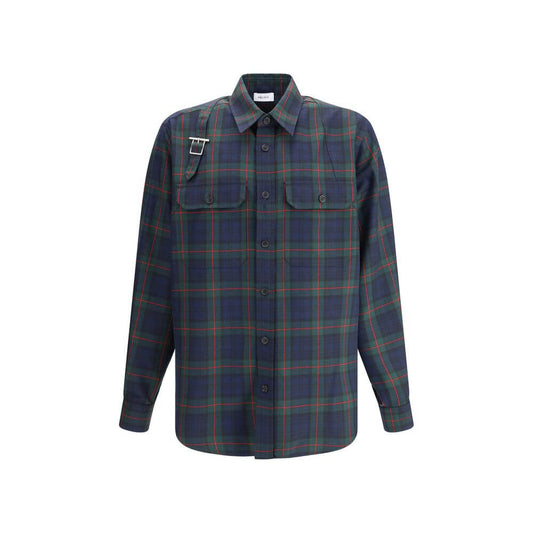Alexander McQueen Green Polyester Pattern Shirt with tartan design and buckle detail, front button closure, chest pockets, AW25 collection.