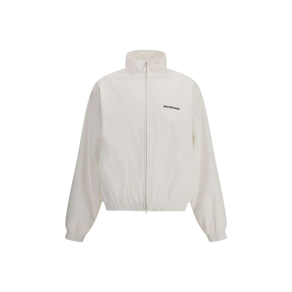 Balenciaga White Polyester Shell Jacket with logo embroidery, high collar, and zipper closure, featuring elastic cuffs and breathable mesh lining.