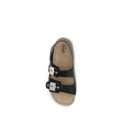 Balenciaga Black Calf Leather Bos Taurus Flat Sandals with metal buckles and ergonomic insole, top view.