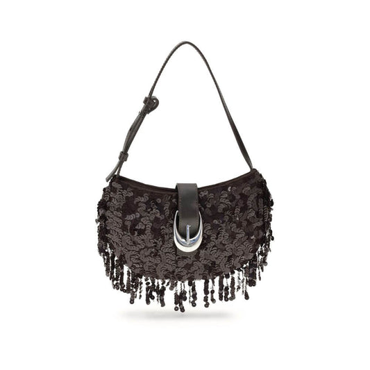 Staud Brown Polyester Shoulder Bag with sequins and fringed edge.