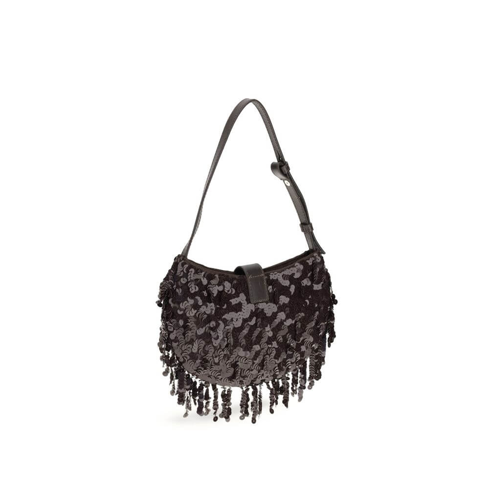 Staud Brown Polyester Shoulder Bag with sequins, fringe, and moon-shaped buckle, perfect for evening looks.