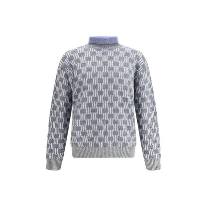 Giorgio Armani Light Blue Cotton Turtleneck sweater with two-tone vanisé knit pattern, featuring a luxurious blend of cotton, alpaca, and cashmere.