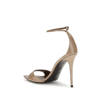 Giuseppe Zanotti Beige Leather Stiletto Heel Sandals, patent leather ankle-strap design with pointed open-toe and silver-tone metal detail.