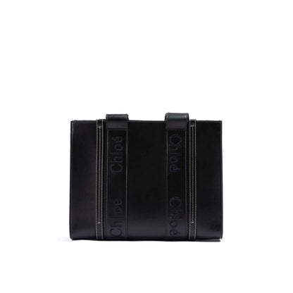 Chloé Black Woody Embroidered Logo Leather Medium Tote Bag