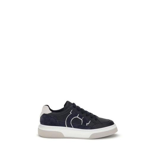 Ferragamo Blue Calf Leather Bos Taurus Low Top Sneakers with Gancini detail and textured rubber sole.