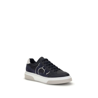 Ferragamo Blue Calf Leather Bos Taurus Low Top Sneakers with retro design and Gancini silhouette.