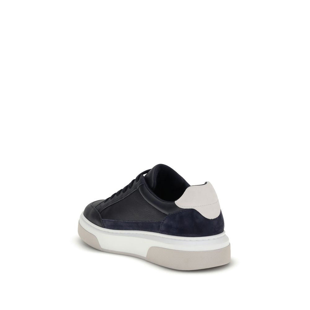 Ferragamo Blue Calf Leather Bos Taurus Low Top Sneakers with retro inspiration and Gancini silhouette, rear view.