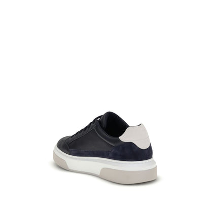 Ferragamo Blue Calf Leather Bos Taurus Low Top Sneakers with retro inspiration and Gancini silhouette, rear view.