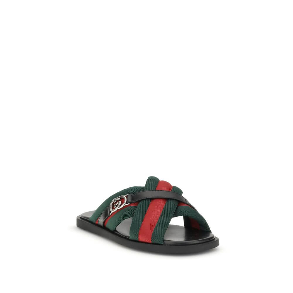 Gucci Black Polyamide Flat Sandals with green and red Web fabric and silver-tone Interlocking GG logo, AW25 collection.