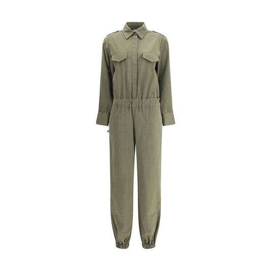 Ella Green Cotton Jumpsuit with button front, classic collar, and elastic waistband, ideal for style and comfort, AW25, made in Italy.