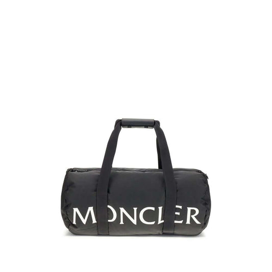 Moncler Black Nylon Luggage And Travel duffle bag with logo, leather-tab handles, detachable strap, and zip closure.