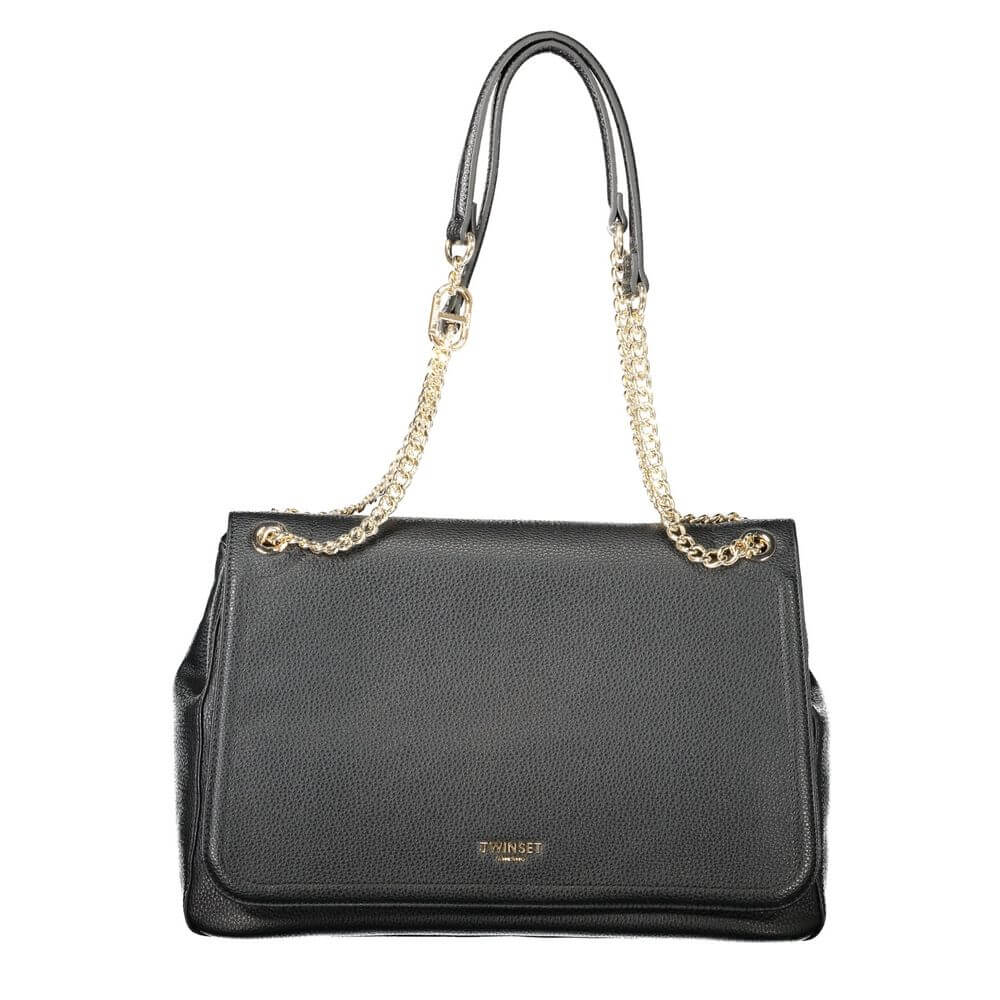 Twinset Black Polyethylene Women Handbag with gold chain handles and logo, showcasing modern luxury and elegance for fashion-forward women