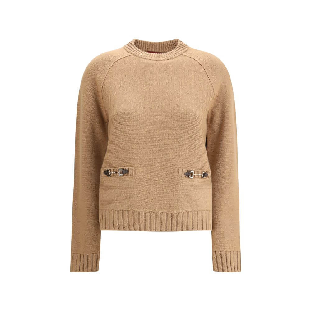 Gucci Beige Wool Sweatshirt with gold-tone inserts and ribbed cuffs, featured in AW25 collection for a modern and elegant look.