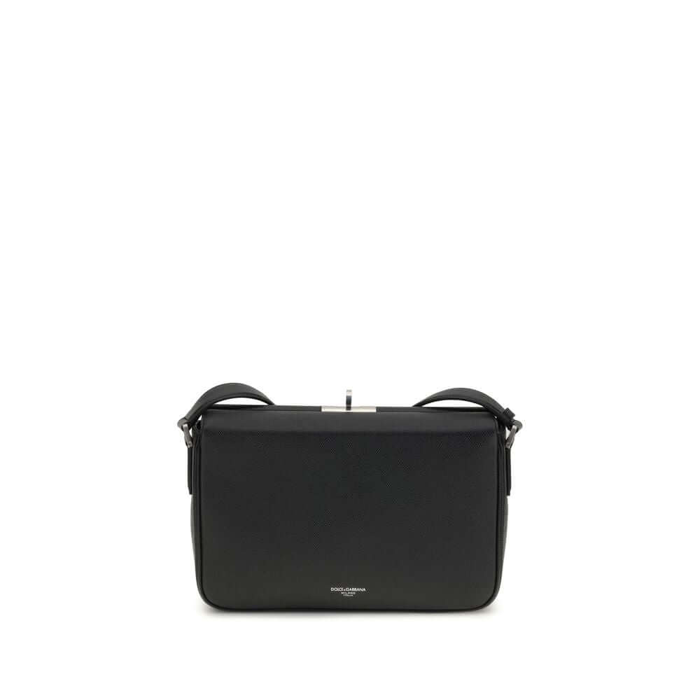 Dolce & Gabbana Black Calf Leather Bos Taurus Shoulder Bag with metal zipper and palladium plating.