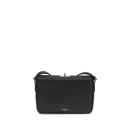 Dolce & Gabbana Black Calf Leather Bos Taurus Shoulder Bag with metal zipper and palladium plating.