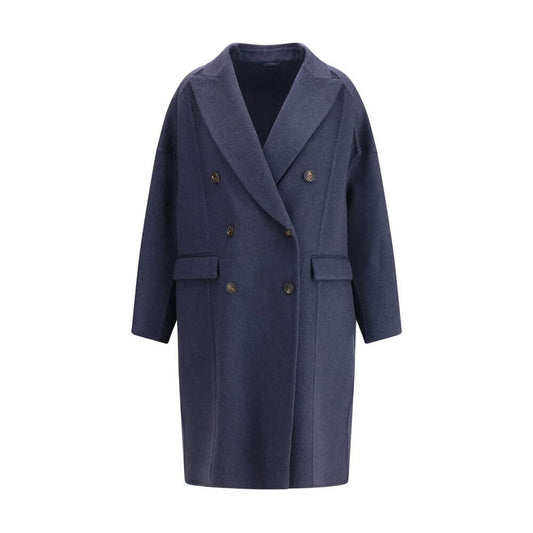 Brunello Cucinelli Blue Cashmere Coat with wide peaked lapel, double-breasted closure, and welt flap pockets, perfect for AW25.