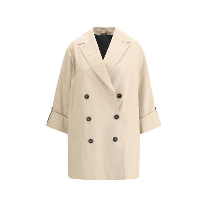 Brunello Cucinelli Beige Cotton Coat with wide lapel, double-breasted closure, and jewel detail. Women's fashion Autumn Winter 2025.