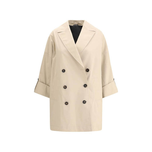Brunello Cucinelli Beige Cotton Coat with wide lapel, double-breasted closure, and jewel detail. Women's fashion Autumn Winter 2025.