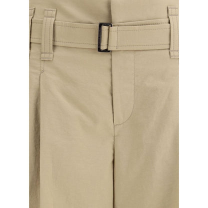 Brunello Cucinelli Beige Cotton Cropped Pants with pleated design and draw belt.