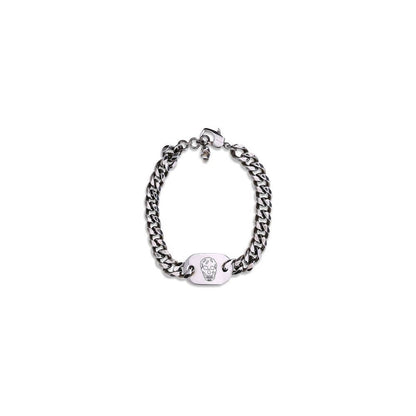 Alexander McQueen Silver Brass Bracelet with skull charm and logo engraved, features antiqued silver finish and adjustable chain.