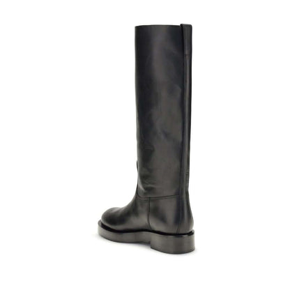 Paris Texas Black Leather Boots with round toe and block heel, crafted from Napa leather, knee-high, elegant and versatile, AW25 fashion.