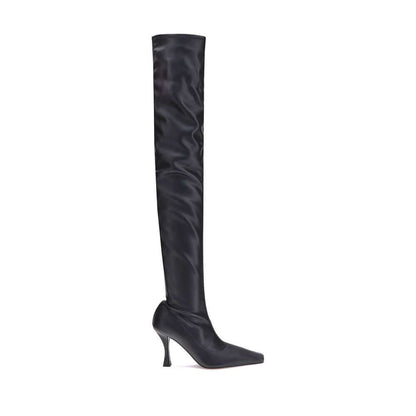 Proenza Schouler Black Polyethylene Over The Knee boot with stiletto heel and square toe, made from stretch nappa leather, AW25 collection.