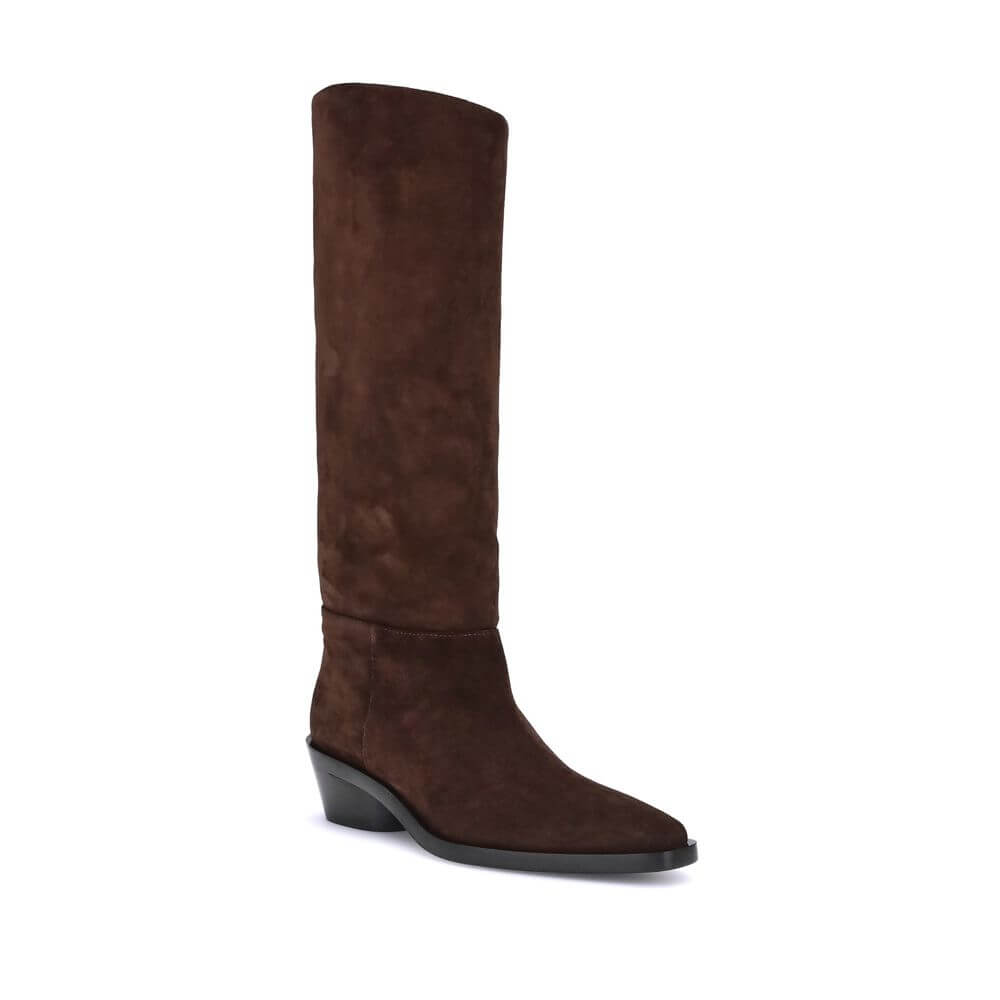 Alt Tag: Proenza Schouler Brown Calf Leather Bos Taurus Ankle Boots, knee-high with squared toe and wide heel, made in Italy.