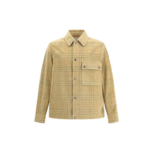 Burberry Beige Denim Shirt with iconic Burberry Check, snap-button closure, and flap chest pocket, made from 100% cotton.