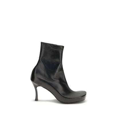 Balenciaga Black Calf Leather Bos Taurus Ankle Boots with square toe and embossed logos, featuring ergonomic insole and high heel.