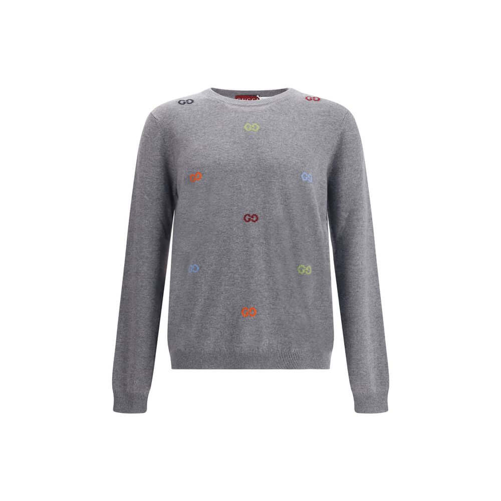 Gucci Gray Cashmere Sweatshirt with multicolor jacquard logo, ribbed crew neck, cuffs, and hem, crafted from 100% cashmere.