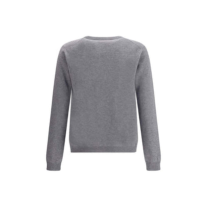 Back view of Gucci Gray Cashmere Sweatshirt with ribbed cuffs and hem, featuring multicolor jacquard logo design. Made in Italy.