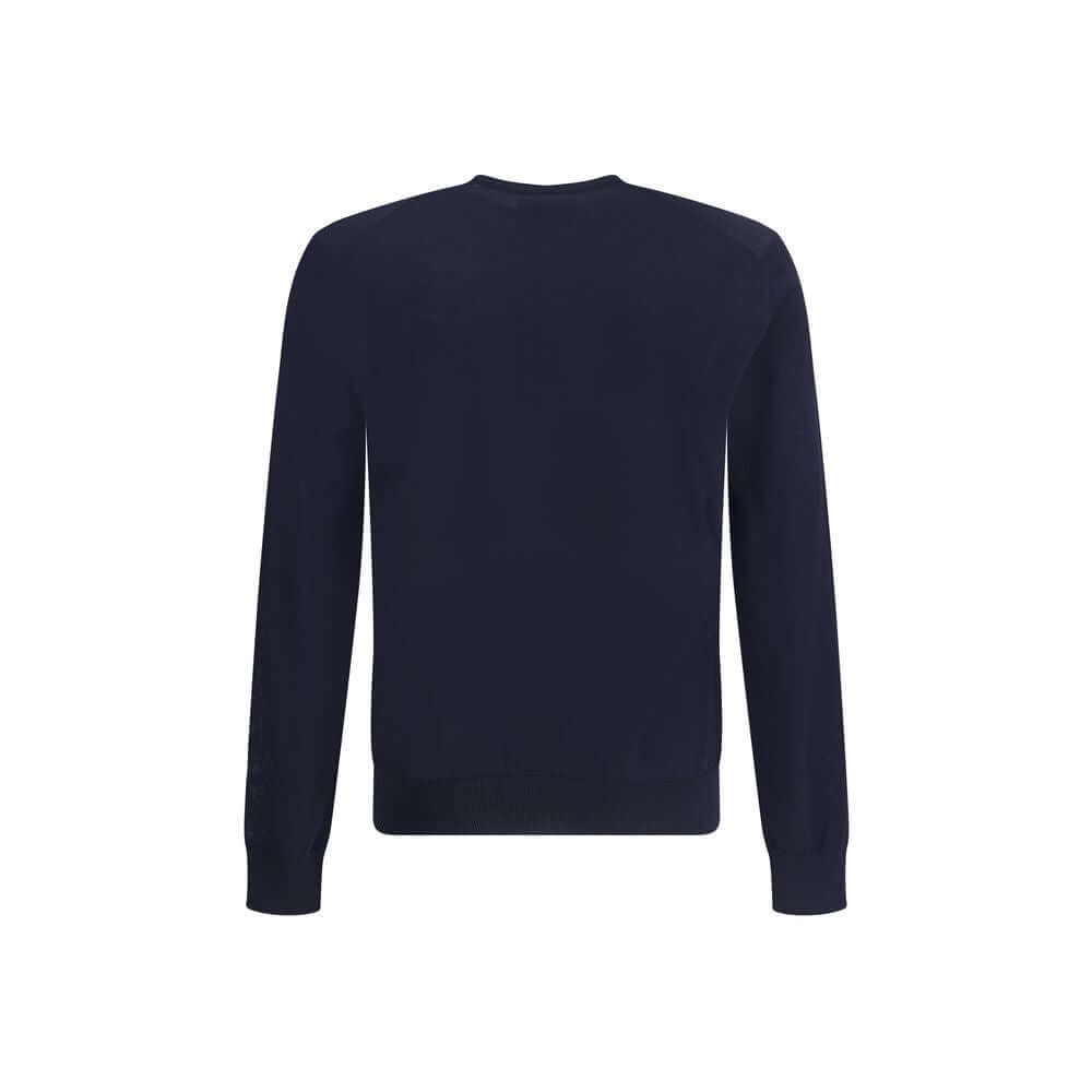 Back view of Giorgio Armani Blue Fleece Wool Sweatshirt with long sleeves and ribbed cuffs for a slim fit, made in Italy.