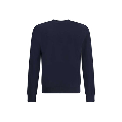 Back view of Giorgio Armani Blue Fleece Wool Sweatshirt with long sleeves and ribbed cuffs for a slim fit, made in Italy.