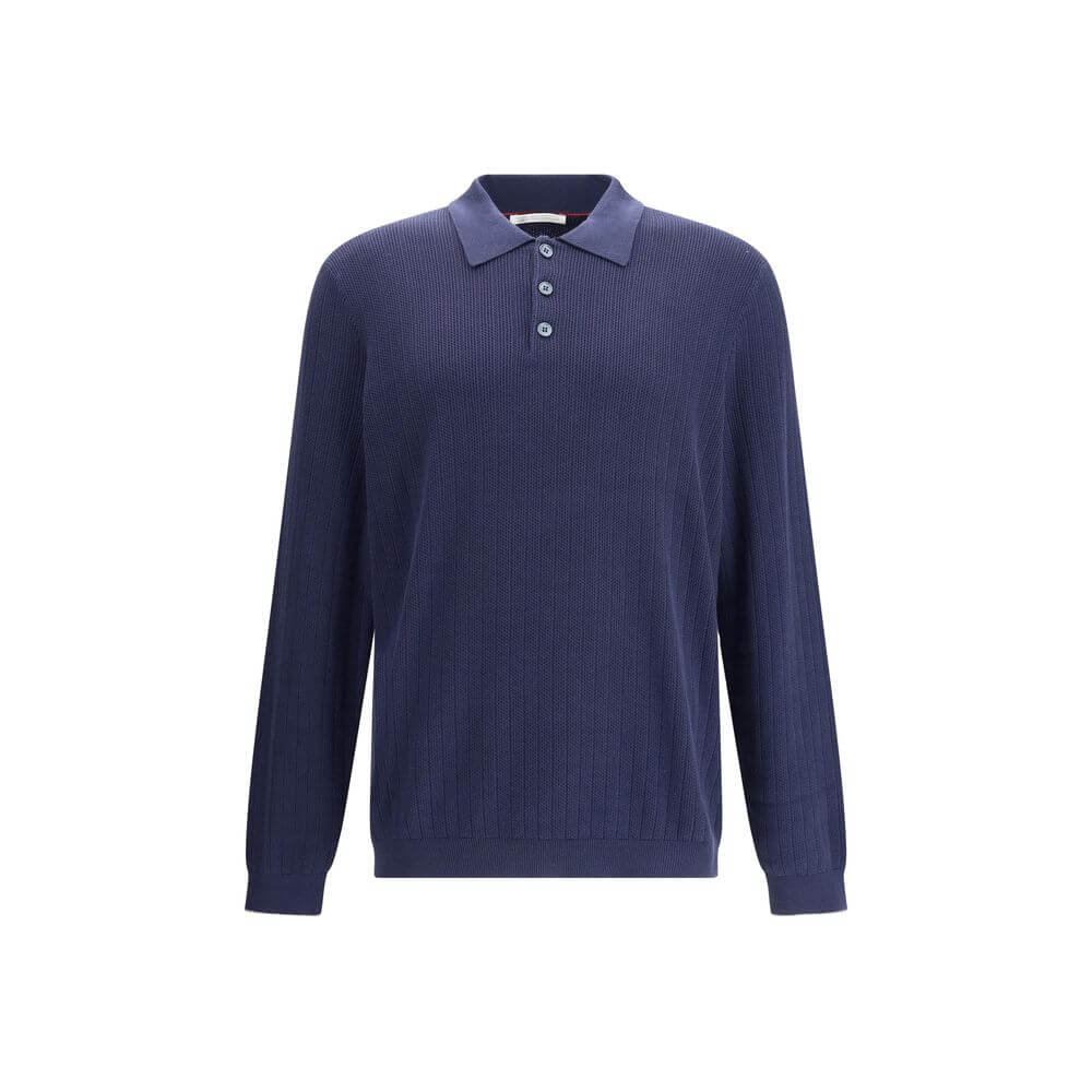 Brunello Cucinelli Blue Cotton Sweatshirt with ribbed texture and classic collar, regular fit, 100% cotton, made in Italy, AW25 collection.
